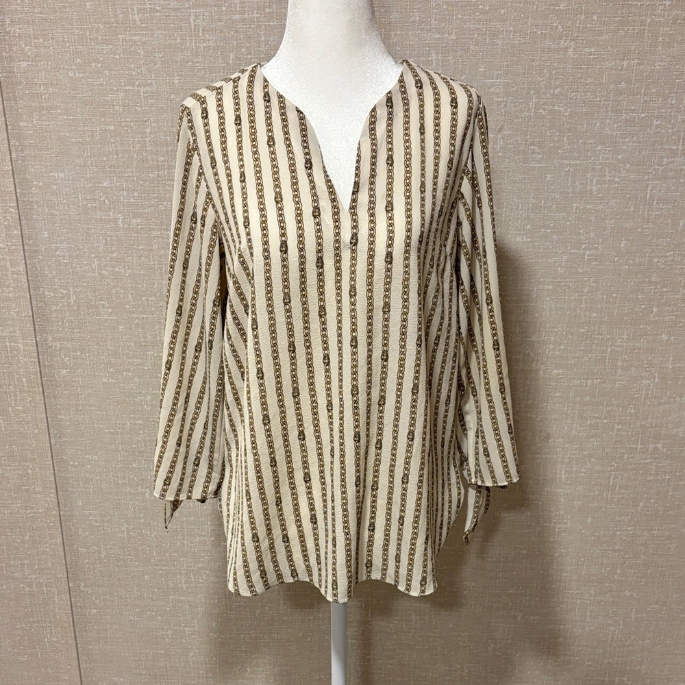 Michael Kors Cream and Brown Striped V-Neck Tunic